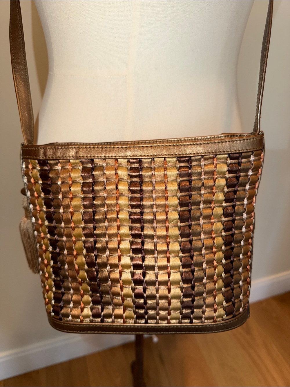 Ganson San Francisco Vintage Woven Metallic Brown & Gold Crossbody Bag